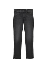 Czarne dżinsy o prostym kroju, z pięcioma kieszeniami, delikatnym wyblaknięciem i zapięciem na guzik. Materiał ma gładką fakturę.