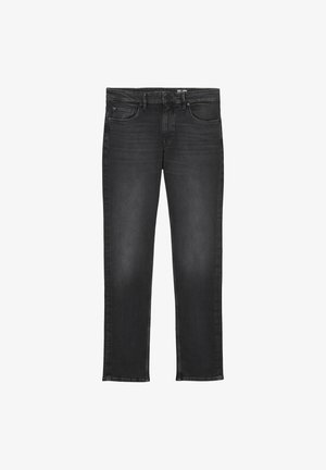 Zwarte denim jeans met een rechte pasvorm, voorzien van vijf zakken, subtiele vervaging en een knoopsluiting. Het materiaal heeft een gladde textuur.