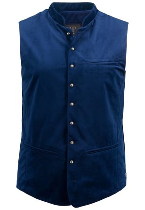 Navy blue sleeveless vest made of soft velvet, featuring a stand collar, front buttons, and a small chest pocket with side pockets.