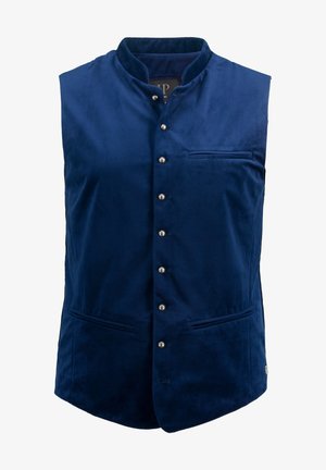 Marineblå ærmeløs vest lavet af blødt velour, med ståkrave, frontknapper og en lille brystlomme samt sidelommer.