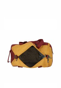 Duffle bag with yellow and burgundy fabric, featuring a clear panel, dual zippers, and interior pattern. Sturdy handles for carrying.