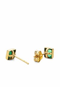 Orecchini a bottoniera in oro con design quadrato e accenti di pietre verdi. I perni sono dritti e dotati di una chiusura sicura.