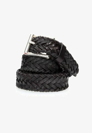Cintura in pelle nera intrecciata con fibbia in metallo argentato. Presenta una finitura testurizzata e un design flessibile per una misura regolabile.