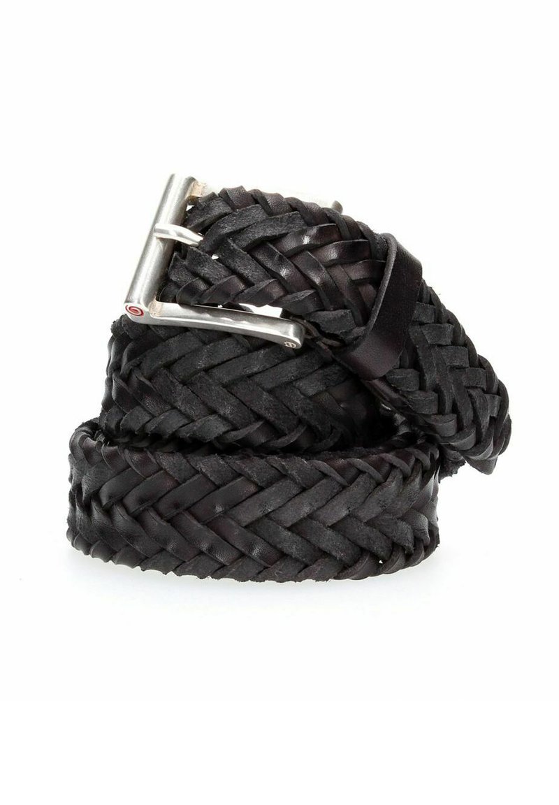Cintura in pelle nera intrecciata con fibbia in metallo argentato. Presenta una finitura testurizzata e un design flessibile per una misura regolabile.