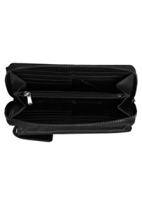 Portafoglio in pelle nera con chiusura a zip, multipli scomparti per carte, tasca per monete con zip e rivestimento interno liscio.