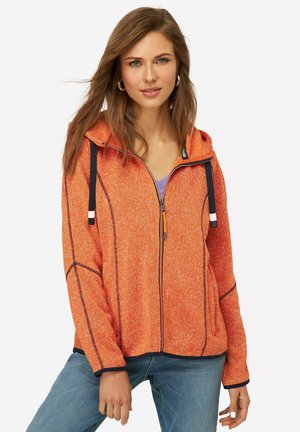 Oranje rits-hoodie van gestructureerde stof met marineblauwe accenten en een trekkoord, voorzien van zijzakken en een capuchon.