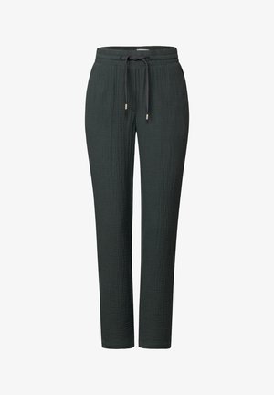 Dunkelgrüne, strukturierte Stoffhose mit einem Kordelzugbund und Akzenten aus goldfarbigem Metall; gerades Bein Design ohne zusätzliche Muster.