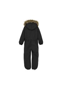 Svart vadderad overall med en pälsfoder huva, elastisk midja och ärmslut; har en slät textur och justerbara element för komfort.