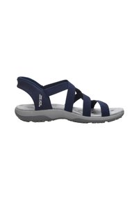 Sandali blu navy con cinturini incrociati, superiore in tessuto testurizzato e suola interna grigia imbottita. Suola flessibile per comfort e supporto.