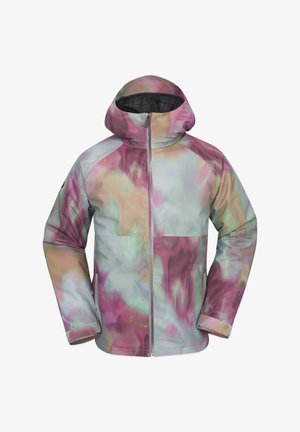 Chaqueta impermeable con capucha, con un patrón marmoleado multicolor en tonos pastel de rosa, verde y azul; con cremallera frontal completa.