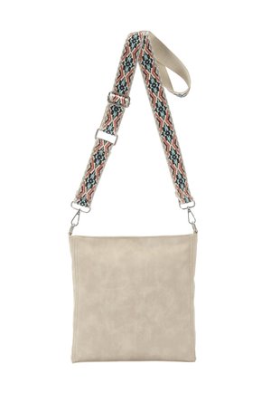 Beige faux leather bag with a flat shape, featuring a patterned textile strap in turquoise, red, and cream, and silver hardware.