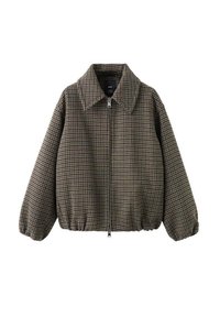 Chaqueta bomber con patrón de houndstooth marrón, cuello con solapa, cierre de cremallera frontal y puños y dobladillo elastizados. Fabricada en tejido textil.
