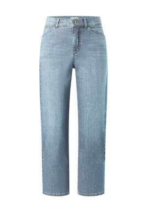 Blugi din denim albastru deschis cu picior drept, cu închidere frontală cu nasture și fermoar, buzunare frontale și bucle pentru curea.