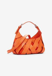 Orange leather handbag featuring woven design, a structured shape, a short top handle, and an adjustable shoulder strap with silver hardware.