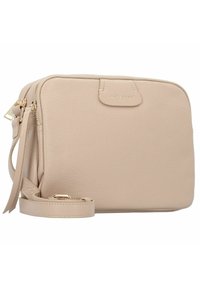 Borsa a tracolla in pelle beige con superficie texture, chiusura a zip e finiture dorate. Incluso cinturino rimovibile.