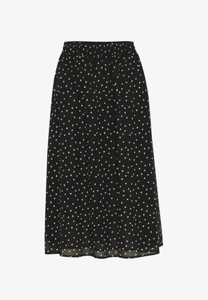 Zwarte knie-lange rok met een plooibare elastische tailleband, voorzien van een wit stippenpatroon en een lichte, zachte textuur.