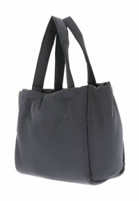 Sac cabas noir matelassé avec deux poignées robustes et une texture douce et matelassée. Présente des coutures visibles et une base arrondie.