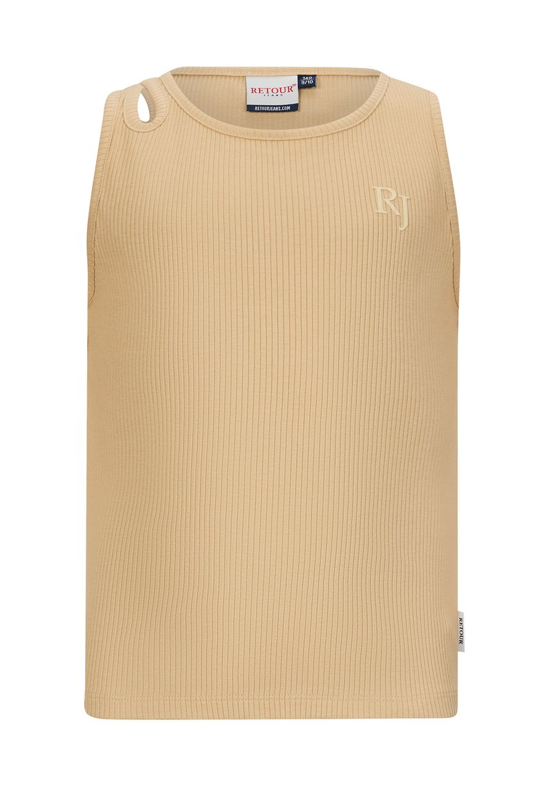 Top in maglia beige a coste con scollatura a barca, presenta un taglio su una spalla e un logo discreto sul frontale. Vestibilità e texture classiche.