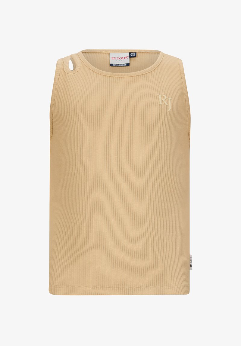 Top in maglia beige a coste con scollatura a barca, presenta un taglio su una spalla e un logo discreto sul frontale. Vestibilità e texture classiche.