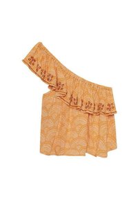 Blusa naranja de un solo hombro con borde acampanado, que presenta un patrón geométrico y sutiles acentos florales. Confeccionada en una tela ligera.