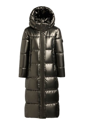 Abrigo largo y acolchado en verde metálico oscuro con capucha. Cuenta con bolsillos laterales con cremallera y un diseño acolchado con acabado brillante.