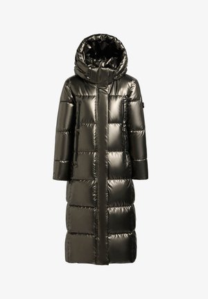 Abrigo largo y acolchado en verde metálico oscuro con capucha. Cuenta con bolsillos laterales con cremallera y un diseño acolchado con acabado brillante.