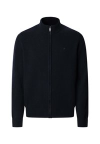 Navy Zip-Up-Cardigan aus weichem Strickstoff. Mit hohem Kragen, gerippten Bündchen und einem minimalen Logo auf der Brust.
