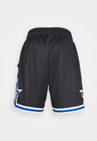 Pantaloni sportivi neri con texture in rete, con dettagli blu e bianchi, motivi a stella sui lati e una vita elasticizzata.