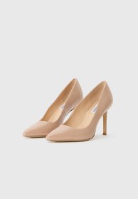 Pantofii nude cu toc înalt, cu vârf ascuțit și finisaj din piele netedă. Prezintă un toc stiletto subțire și un design minimalistic.