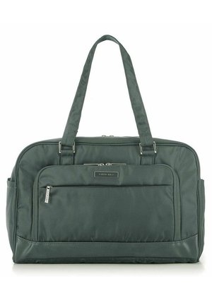 Borsa in tessuto verde scuro con due manici robusti, apertura superiore con zip, tasca anteriore con zip e un design testurizzato sottile. Accentuata con dettagli in hardware argentato.