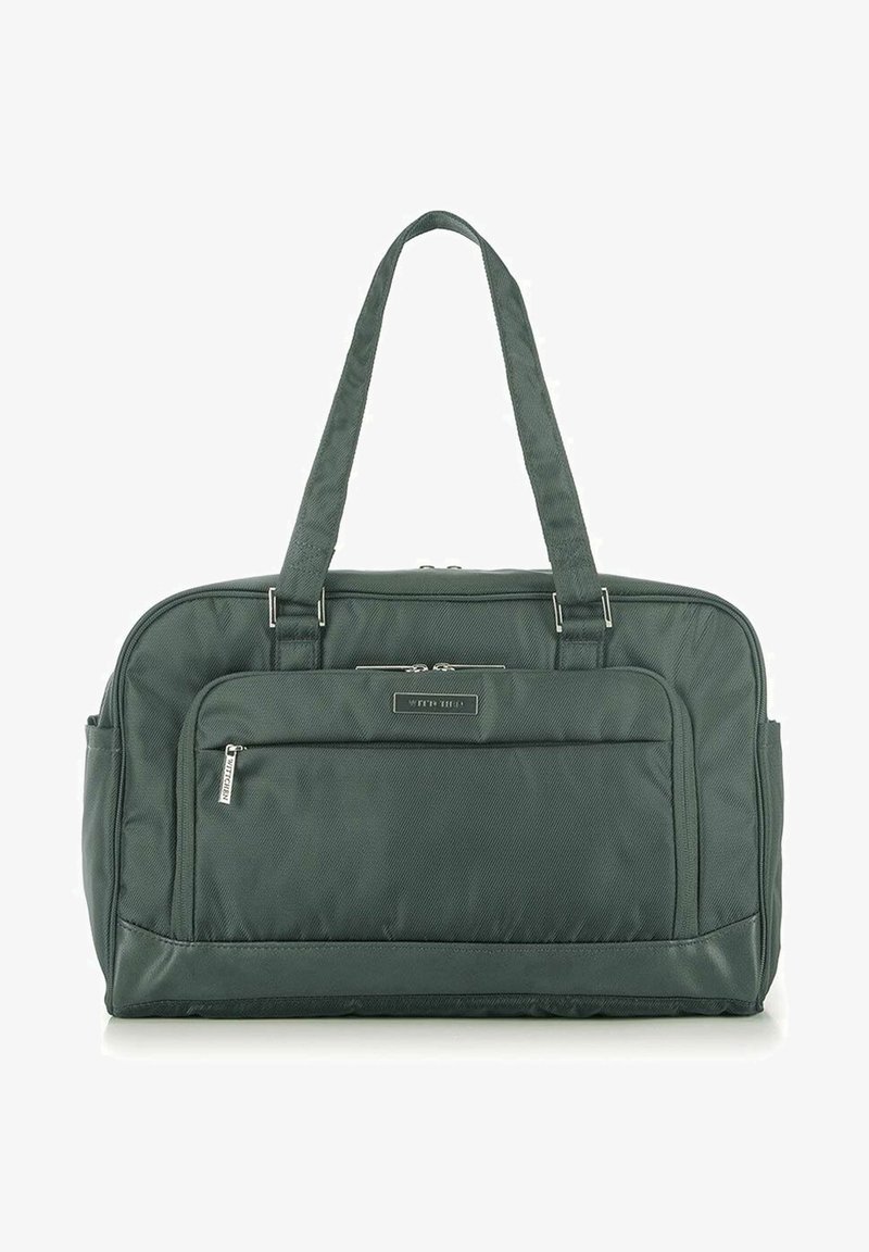 Ciemnozielona torba z tkaniny z dwoma mocnymi uchwytami, zamkiem błyskawicznym na górze, przednią kieszenią na zamek i subtelnym wzorem teksturalnym. Podkreślona srebrnymi akcesoriami.
