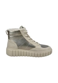 Hochschnittige Sneakers in Creme und metallischem Silber, mit einem strukturierten Design, runder Zehenpartie, Schnürsenkeln und weichem Innenfutter. Dicke, gerippte Sohle.