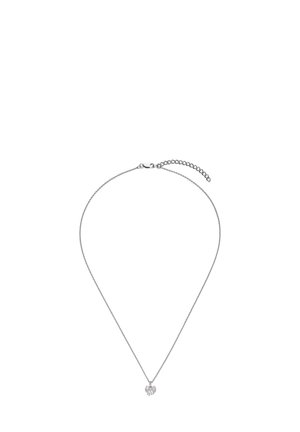 Silberkette mit verstellbarem Verschluss und kleinem, schleifenförmigem Anhänger, besetzt mit rosa Steinen.