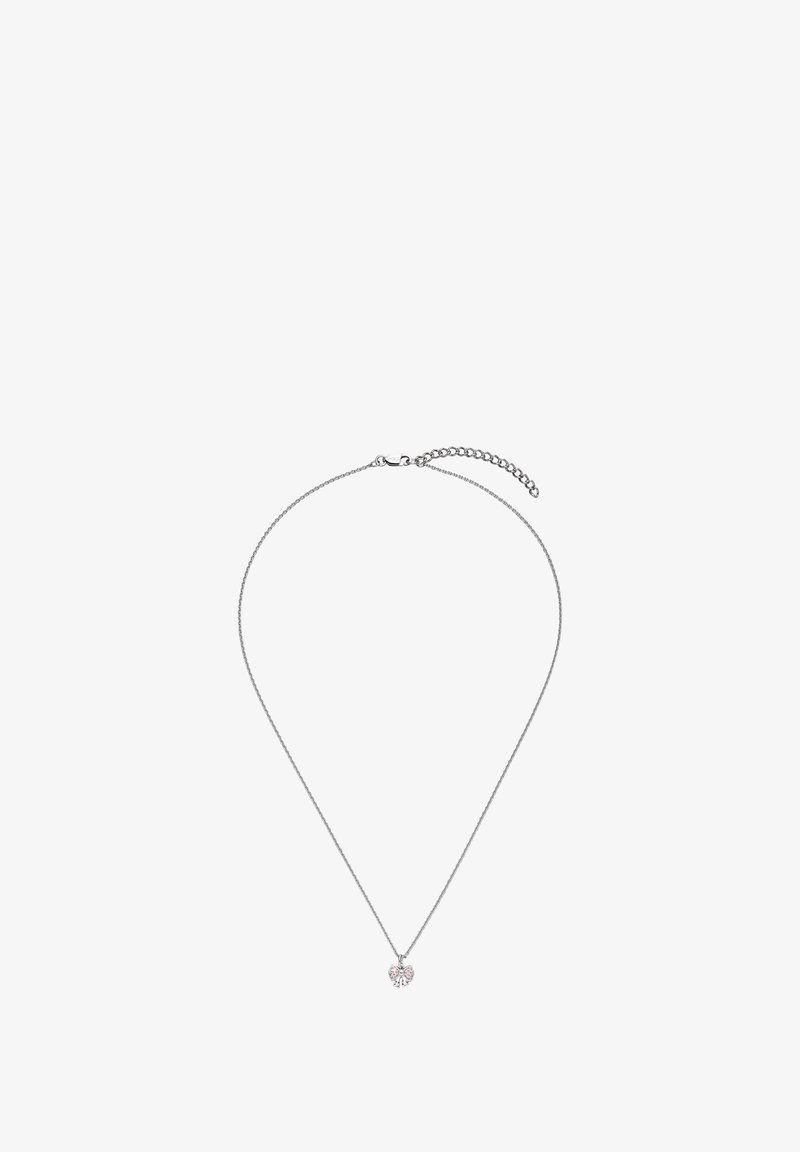 Silberkette mit verstellbarem Verschluss und kleinem, schleifenförmigem Anhänger, besetzt mit rosa Steinen.