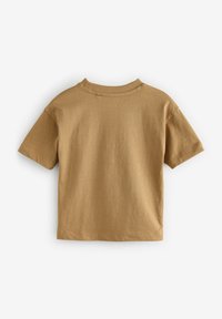Kurzärmliges T-Shirt mit Rundhalsausschnitt aus beigem, geripptem Stoff. Verfügt über einen geraden Saum und ein sauberes, einfaches Design ohne Verzierungen.