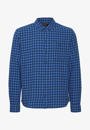 Blue and black plaid button-up shirt with long sleeves, a collar, a chest pocket, and black buttons on the front. Features a rounded hem.