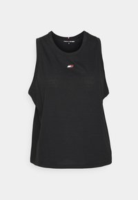 Top atletico senza maniche di colore nero con scollo rotondo, realizzato in tessuto morbido. Presenta un piccolo logo geometrico in rosso, bianco e blu.