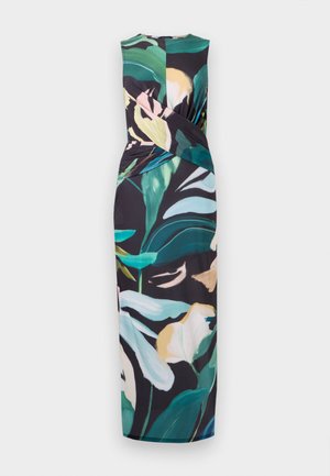 Vestido sin mangas con estampado floral sobre un fondo negro. Presenta un diseño de tela que se retuerce, en tonos vibrantes de verde, rosa y blanco, de longitud hasta el tobillo.