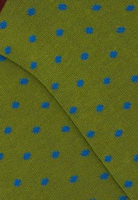 Tessuto verde con una trama testurizzata, caratterizzato da pois blu distribuiti in modo uniforme. Il design include una superficie liscia e pieghe sovrapposte.