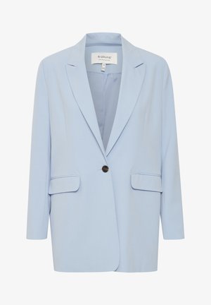 Blazer bleu clair en tissu lisse, avec une fermeture à un seul bouton, deux poches avant et un col cranté.