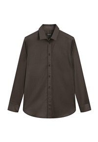 Camicia marrone a maniche lunghe con colletto con bottoni, presenta sottili righe verticali, sei bottoni frontali e un orlo arrotondato. Tessuto liscio.