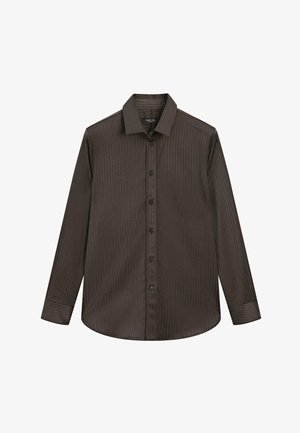 Braunes langärmliges Hemd mit Button-Down-Kragen, das subtile vertikale Streifen, sechs vordere Knöpfe und einen abgerundeten Saum aufweist. Glatte Textur.