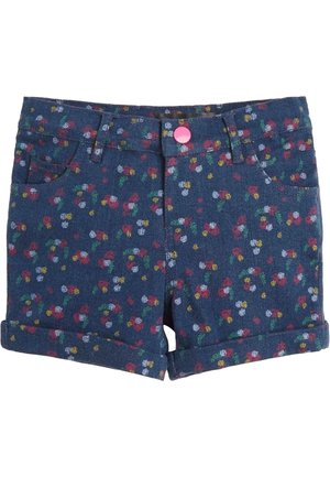 Mørkeblå denimshorts med flerfarvet lille blomsterprint, opviklede kanter, bæltestropper, forlommer og en lyserød knaplukning.