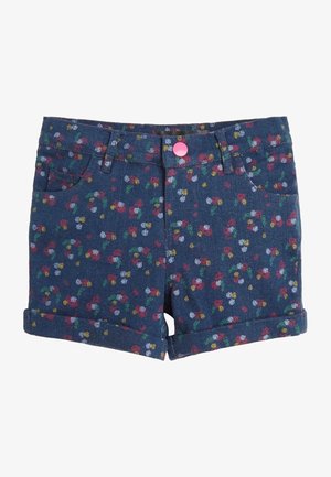 Dunkelblaue Jeansshorts mit mehrfarbigem kleinem Blumenmuster, aufgekrempelten Säumen, Gürtelschlaufen, Vordertaschen und einem rosa Knopfverschluss.