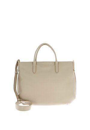 Sac cabas en cuir beige avec deux poignées supérieures et une bandoulière réglable, texture lisse, forme rectangulaire, design minimaliste.