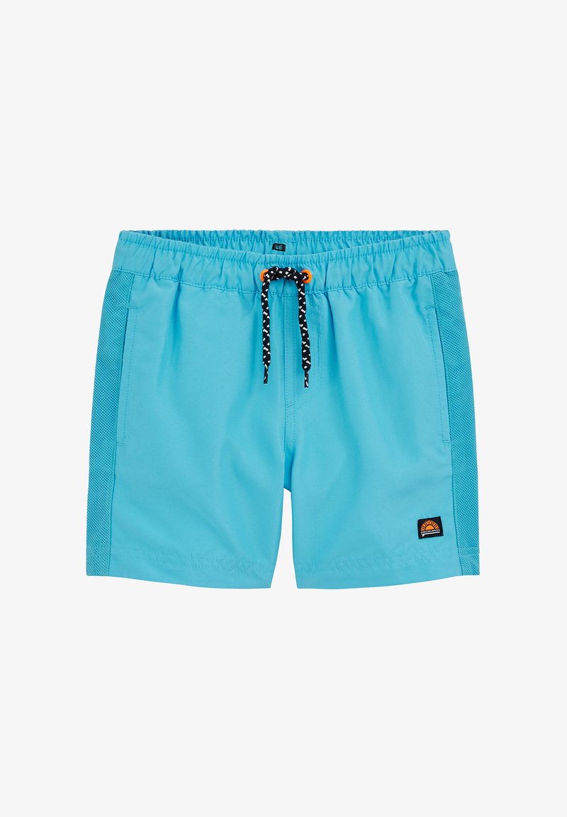 Shorts de bain bleus en tissu léger, avec un cordon noir orné d'accents orange et des panneaux latéraux en maille. Petit patch logo inclus.