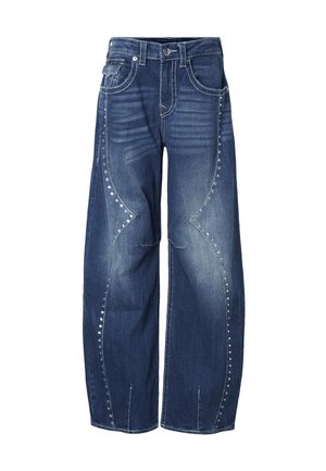 Jean bleu foncé à jambes larges avec des coutures décoratives et des clous argentés le long des coutures courbes sur les poches avant et latérales.