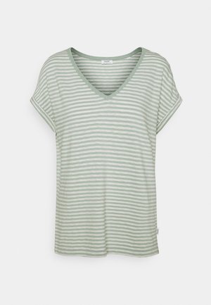 Light green striped T-shirt with a V-neck, short sleeves, and rolled cuffs. Soft fabric with horizontal white stripes.