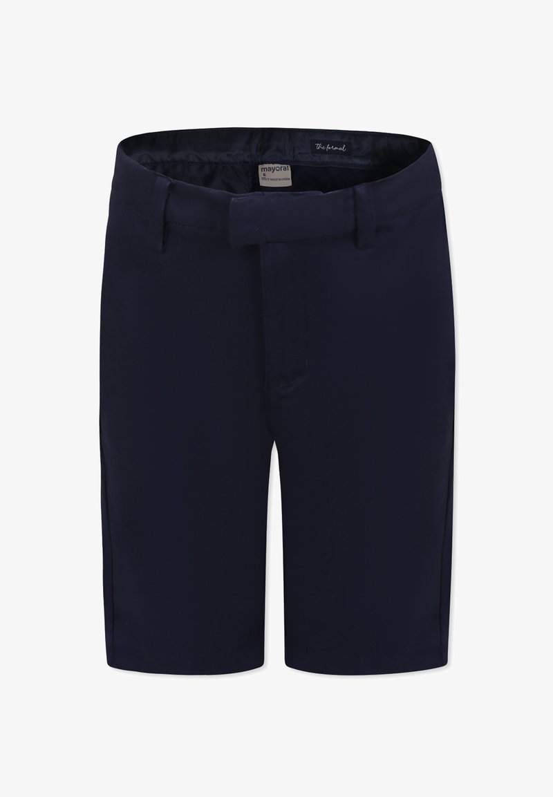 Pantaloni corti navy con un tessuto liscio, una vita con passanti per la cintura e un design frontale piatto. Nessuna tasca o dettaglio aggiuntivo visibile.