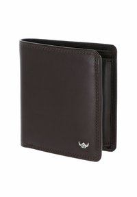 Portefeuille bifold en cuir marron foncé légèrement ouvert, montrant plusieurs emplacements pour cartes, avec un petit logo argenté en bas à l'avant.
